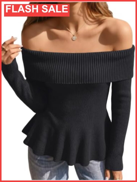 Sweaters - Off Shoulder Babydoll Sweater Ribbed Knit Fall Pullover